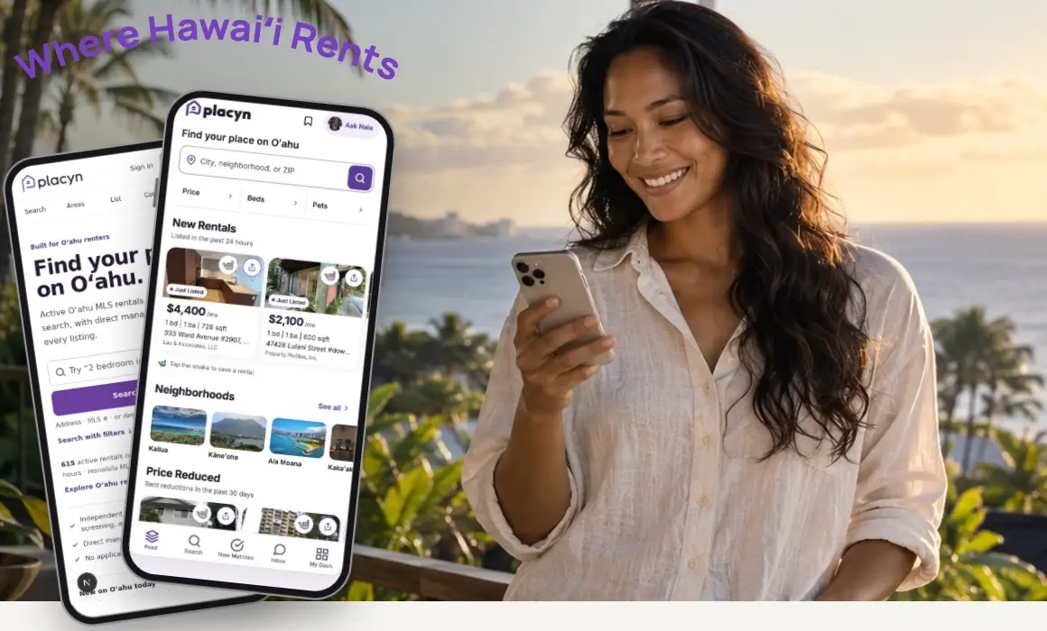 A woman smiling at the Placyn app on her phone, next to two phones showing the app